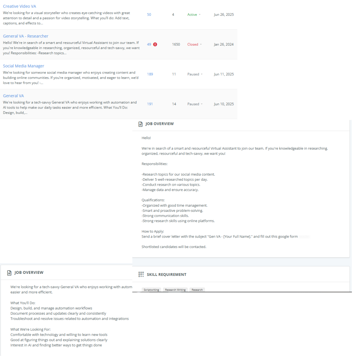 Applicant sourcing sheet · Screening form · Onboarding checklist · Freelancer hiring coordination workflow
